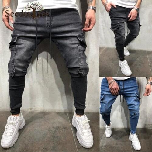 Mens Jeans Casual Big Pocket Sports Trousers Drawstring Pants Denim Trousers