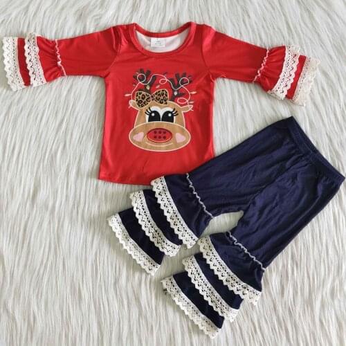 Fall/Winter New Style Christmas Style deer print long sleeve red shirt with lace ruffles soft thin denim pants
