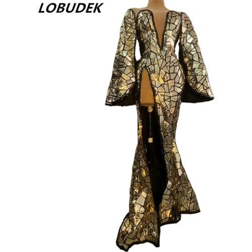 Sexy Nightclub Laser Dance Costume Mirror Sequins V-neck Slit Mermaid Dress Women Singer Dancer Host Concert Performance Costume