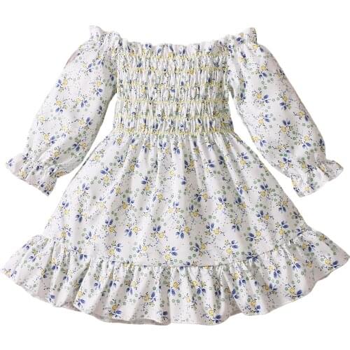2021 0-5Y Kids Baby Girl Princess Dress Spring Fall New Floral Print Off Shoulder Pleated Long Dress For Party Holiday