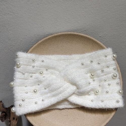 Fashion Winter Women Pearl Headband Spiral Double Knitted Wide Hairband Headwear White Black Solid Warm Headband For Women Girls