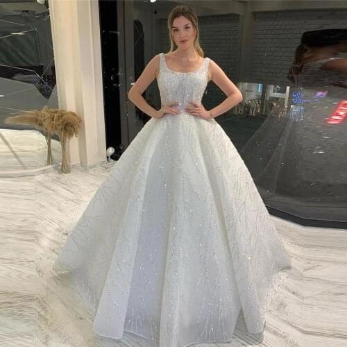 Luxury A Line Wedding Dress 2021 Shiny Square Neck Princess Shiny Bride Dress Puff Backless Lace Up Back Vestido de Noiva