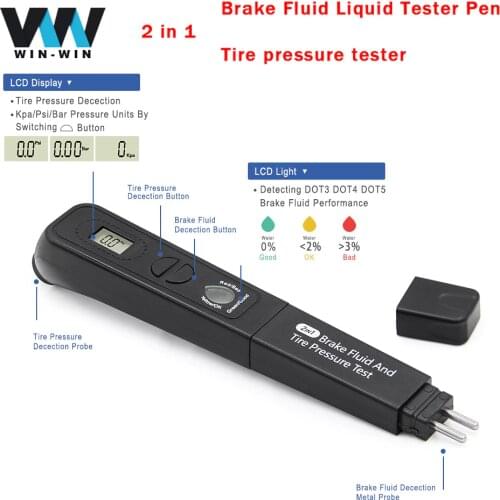 Brake Fluid Liquid Tester Pen + Tire pressure TPMS 2 in 1 For DOT3/DOT4/DOT5 + Kpa/Psi/Bar Automotive Car Diagnostics Auto Tool