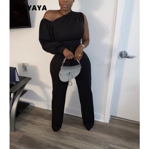 CM.YAYA One Shoulder Lantern Long Sleeve Jumpsuit Women Active Wear Straight High Waist Rompers Skew Neck One Piece Overalls