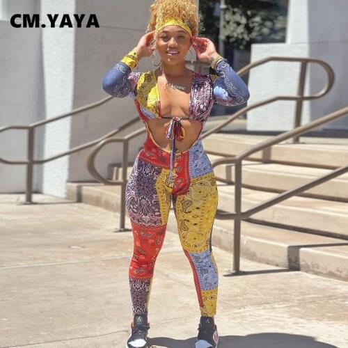 CM.YAYA Women Jumpsuit Bandanna Paisley Print Full Sleeve V-neck Bandage Hollow Out Stretchy Pencil Jumpsuits Sexy Outfit Summer