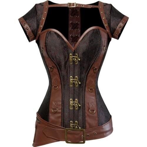 Womens Vintage Gothic Steampunk Spiral Steel Boned Corset Brown Outerwear Bustier Overbust Corselet Pirate Clothing Partywear