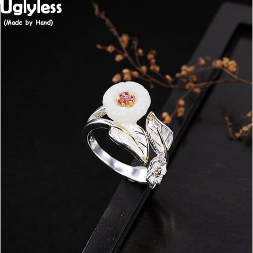 Uglyless 100% Real 925 Sterling Silver Handmade Leaves Open Rings for Women Natural Jade Flower Finger Ring Fine Jewelry Bijoux