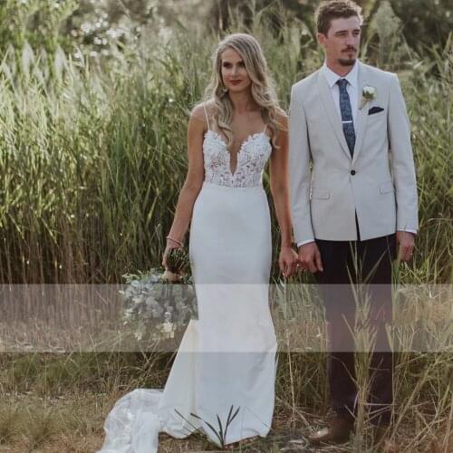 Boho Wedding Dresses Sexy Spaghetti Straps Deep V Neck Lace Top Mermaid Long Bridal Gown Open Backless Vestido de novia