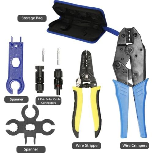 8 PCS M-C4 Crimping Tool Kit with Storage Bag Contains 1 Pair Solar Cable Connectors 2 PCS Spanner Wrench 1 PCS Wire Stripper