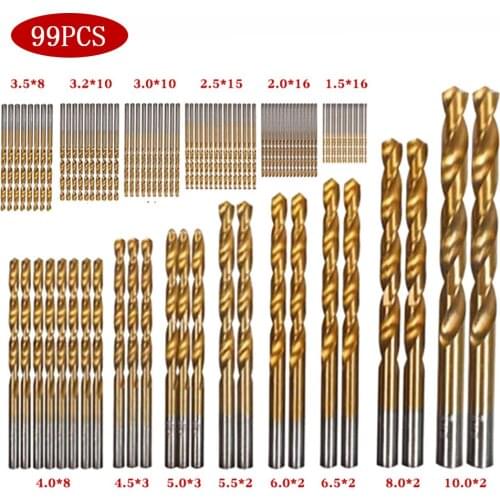 99pcs Titanium Coated Twist Drill Bit 1.5MM-10MM High Speed Steel Twist Drill Hole Tool Set for Woodworking Plastic Aluminum