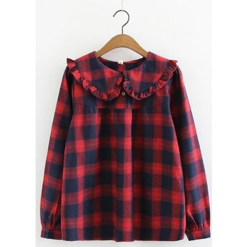 Kawaii Frilly Peter pan Collar Long Sleeve Blouse Women Spring Autumn Teen Girls Babydoll Tops Cotton Plaid Shirt chemisier