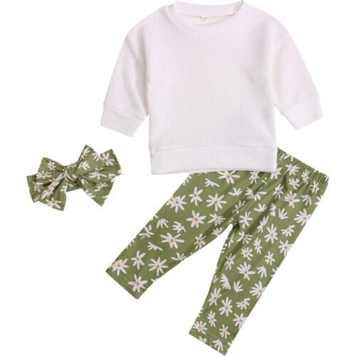 OPPERIAYA 3Pcs Kids Autumn Tracksuit Solid Color Long Sleeves Sweatshirt Casual Pants Hairband Suit for Baby Girls 0-24 Months