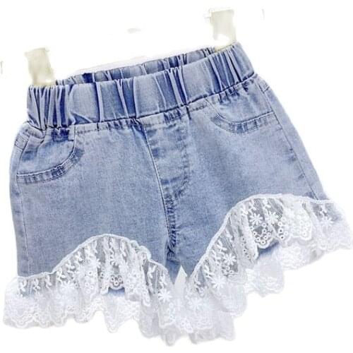 Korean Girls Denim Shorts Teenage Girls Summer Lace Pants Kids Bow Clothes Children Flowers Embroidery Jean Shorts For Teenagers