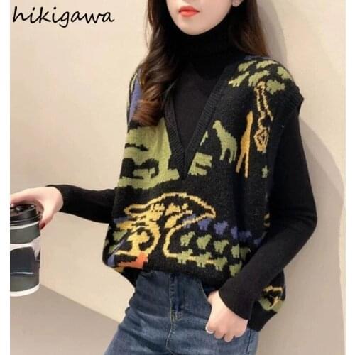 Hikigawa Sweater Vest Vintage Sleeveless V-Neck Women Tops for Female Korean Fashion Sweaters Plus Size Harajuku Vests Pullover