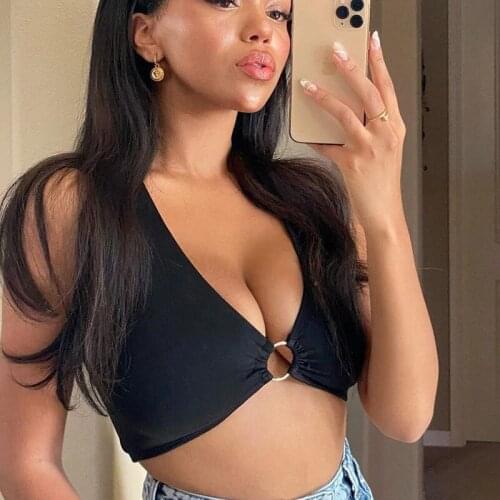 Metal Ring Crop Top Women 2021 Fashion Summer Vest Sleeveless V Neck Solid Tunic Skinny Slim Vest Beach Sexy Tank Tops Casual