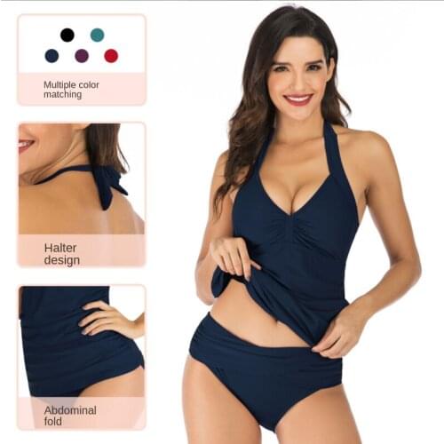Swimsuit 2021 Swimwear Women Pure Color Halter Sexy Split Swimsuit Women