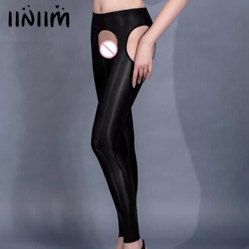Women Underwear Crotchless Pants Hollow Out Stretchy Glossy Elastic Waistband Skinny Pants Nightwear Nylon Open Crotch Leggings