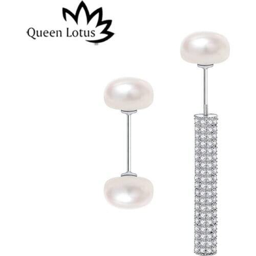 Queen Lotus 2018 Fashion Woman Pearl Earrings Personality Asymmetric Stud Earrings Cubic Zircon Korean Crystal Earrings Jewelry