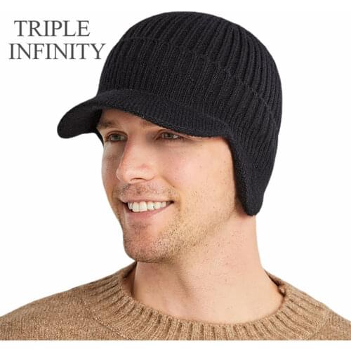 TRIPLE INFINITY Winter Mens Hat Thick Windproof Sun Visor Hat Outdoor Riding Warm Ear Protection Knitted Hat Male Baseball Cap