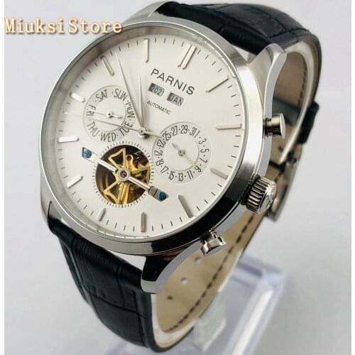 Parnis new 43mm silver case white dial date leather strap waterproof automatic mens top leisure multifunction mechanical watch