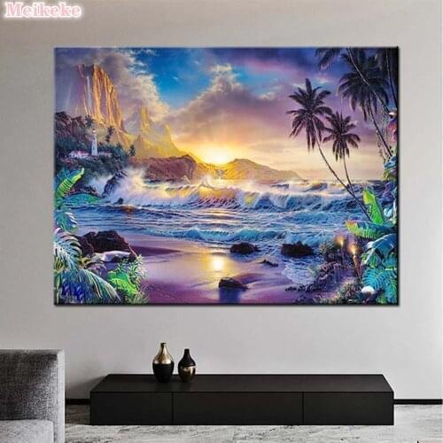 5D Diamond Painting Kits Seaside Square/Round Diamond Embroidery Landscape Mosaic Picture Coconut Tree Art Home Decoration