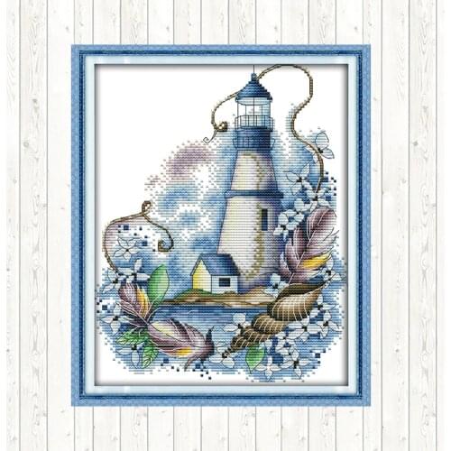 Count Cross Stitch Blue Lighthouse Aida Fabric for Embroidery Kit 14CT DMC Cotton Thread Printed Canvas Water-soluble Needlework