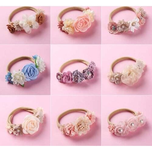 Princess Flower Crown Nylon Baby Headband for Children Turban Kawaii Hair Accessories Stretch Bandana Floral Kids Headwear