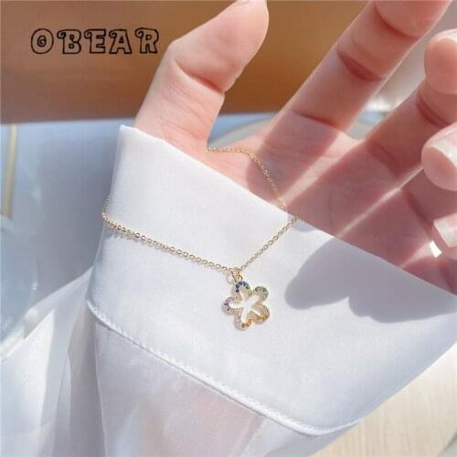 OBEAR 14k Real Gold Plating Japanese Creative Crystal Flower Pendant Necklace Women Fashion Charm Anniversary Jewelry