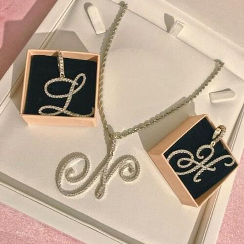 Drop Shipping A-Z Cursive Letters Name Pendant Necklace Iced Out Bling 5A Cubic Zircon Gold Silver Color Charm HipHop Jewelry