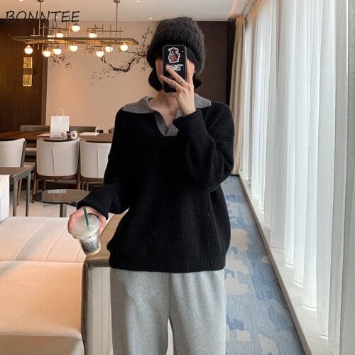 Pullovers Women Large Size 3XL Turn-down Collar Patchwork Loose Basic Soft Simple Korean Style Fashion Leisure All-match Student