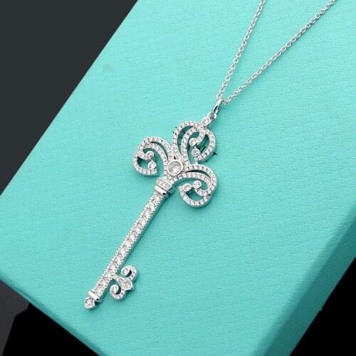S925 silver crown letter heart-shaped key paragraph sweater grows in rhinestone necklace with key chain