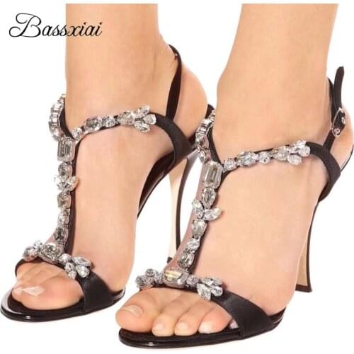 Crystal Rhinestone T-Strap Sandals Women For Girls Thin High Heel Open Toes Luxury Satin Diamond Summer Sandalias Mujer