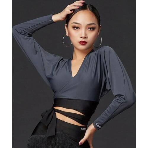 Latin Dance Tops Adult Sexy V-Neck Long Sleeve Practice Shirt Ballroom Dance Competition Clothes Rumba Tango Costumes DWY4651