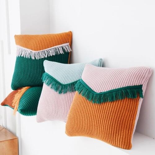 Home Decoration Cushion Cover 45x45cm Tassles Knit Boho style Patched Color Soft Pillow Cover for Living room Bedroom