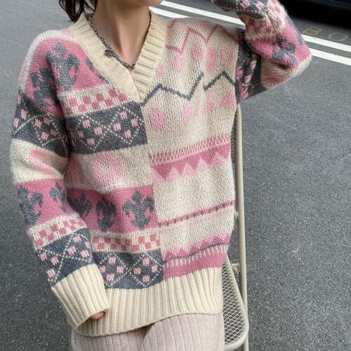 Vintage Chic Women Deep V-Neck Loose Floral Printed Boho Sweaters Ladies Long Sleeve Knitted Bohemian Cardigan Sweater