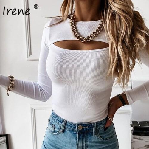 Irene Women Solid Basic T Shirts 2020 Fashion Hollow Out O Neck Long Sleeve Sexy Slim Autumn Winter Shirts Tops Black White