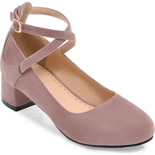 Big Size 11 12 ladies high heels women shoes woman pumps Single-shoe womens shallow round-headed cross-buckle suede shoes