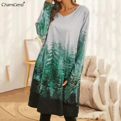 2021 Autumn Landscape Print Sundress Casual Long Sleeve Dress Women Vintage O-Neck Party Loose Vestidos Female Elegant Dresses