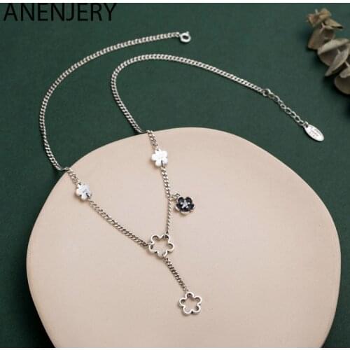 ANENJERY Vintage 925 Sterling Silver Hollow Plum Blossom Long Tassel Necklace For Women Party Thai Silver Jewelry Gifts S-N643