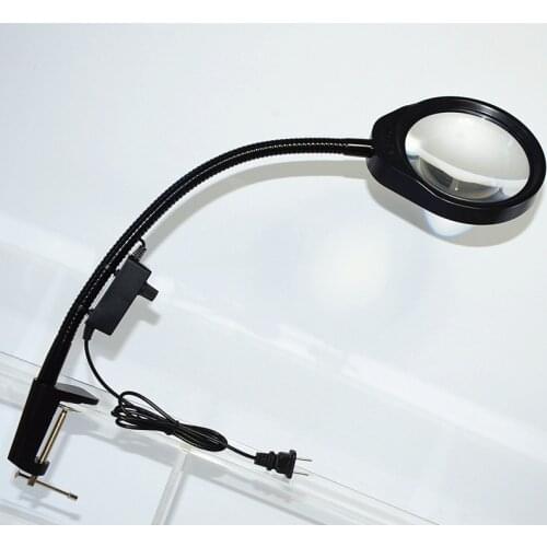 100-240V Adapter 8X Universal Pipe Magnifier LED Illuminant 125mm Lens Table Magnifying Glass with Metal Fixing Clip for Reading