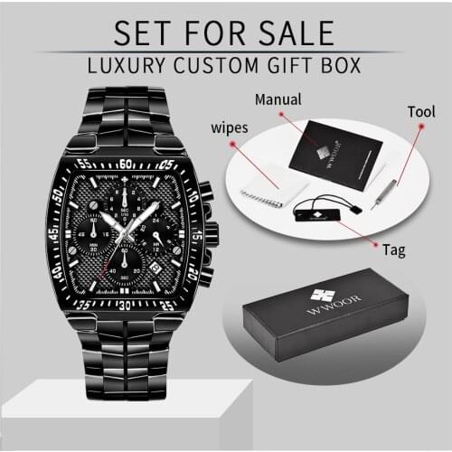 WWOOR 2021 New Square Watch For Men Top Brand Luxury Fashion Black Quartz Analog Wristwatches Sport Waterproof Chronograph Clock