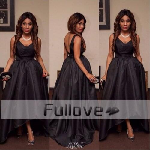 High Low Black Satin V-Neck Long Prom Dresses 2019 Backless Beaded Gowns Party Dress Custom Made Vestido Do Festa Kaftan