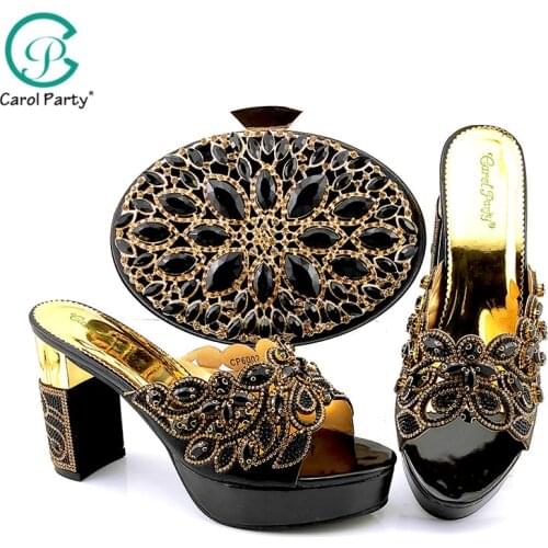 Italian-Designed Black Color shoes and bag set crystal applique bag Matching shoes set new arrival shoes and bags for women