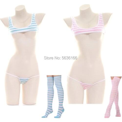Japan Sexy Lingerie Lolita Kawaii Blue Pink White Striped Mini Bikini Adult Cosplay Erotic Costumes Bra Women Underwear 3pcs Set