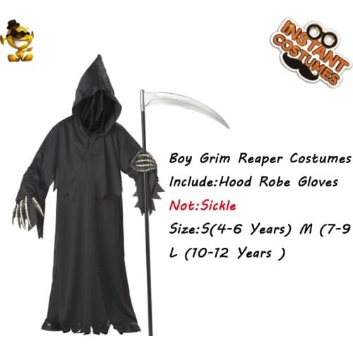 QLQ Reaper Costume For Kids Boys Skeleton Costume Grim Reaper Robe Scary Boys Halloween Costumes