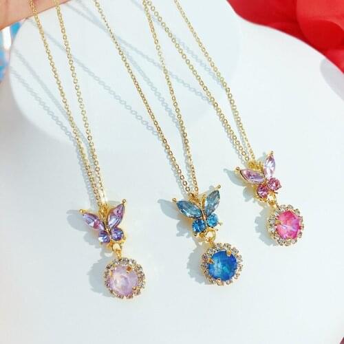 Colorful Crystal Butterfly Necklace Gold Color Metal Chain Sparkly Rhinestones Pendant Choker Necklaces for Women Girls Jewelry