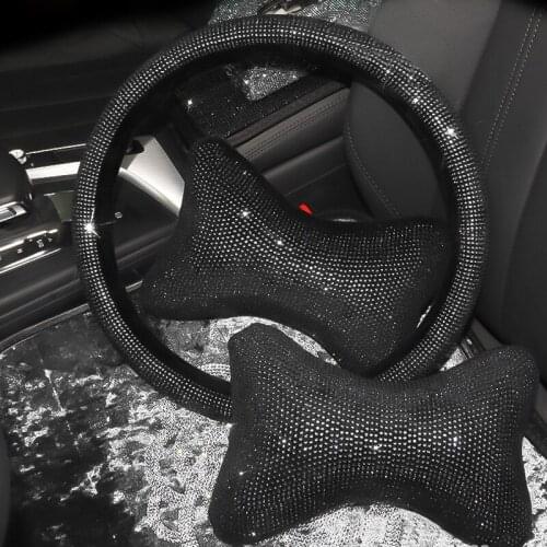 Fashion Black Crystal Car Steering Wheel Covers Universal Bling Rhinestone Neck Pillow Car Accessories for Girls Wmen