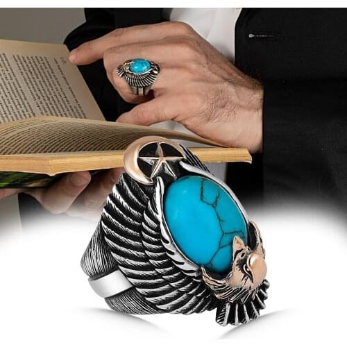 Solid 925 Sterling Silver Oval Turquoise Stone Eagle Figure Mens Ring