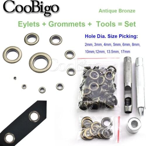 100set Antique Brass Eyelet and Eyelet Punch Die Tool Set for Leathercraft Shoe Belt Cap Clothes Tent Accessory Dia.2mm-17mm