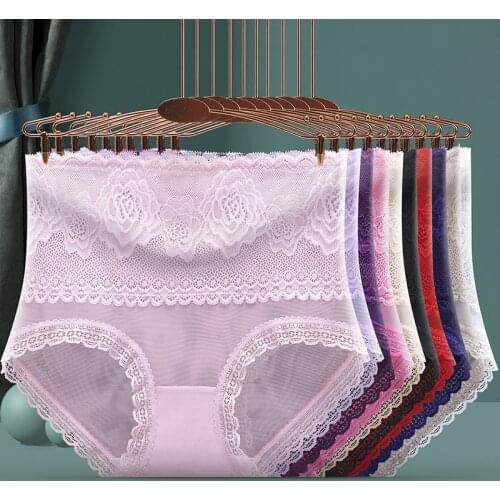 New Fashion Underwear Women Sexy Lace Panties High Waist Transparent Briefs Plus Size Female Underpants Seamless Cotton Panties